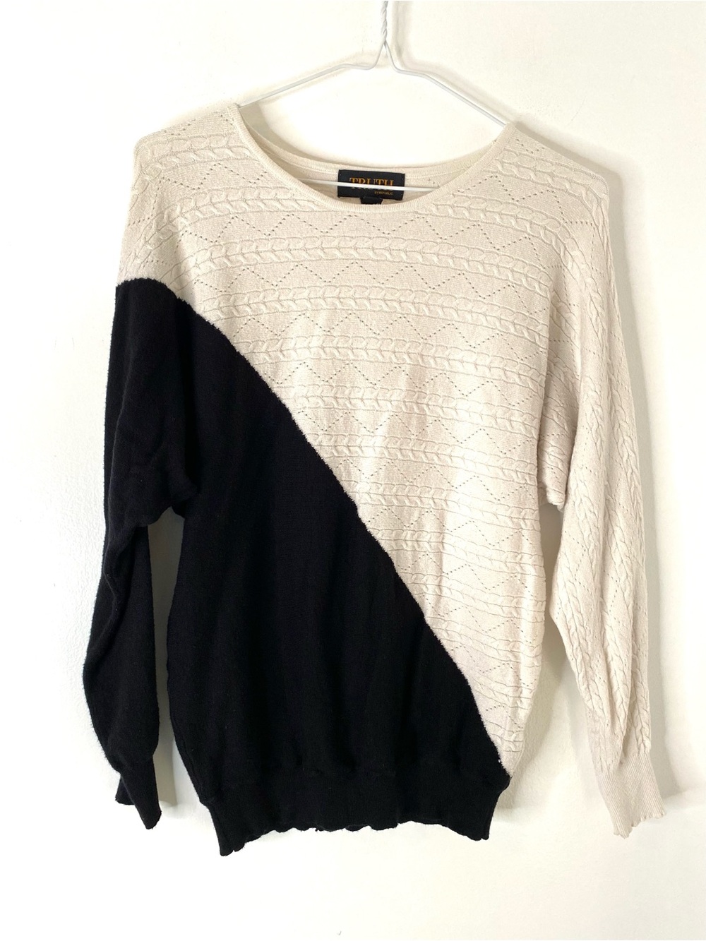 Truth by Republic Black Cream Cable Knit Diagonal Colorblock Sweater